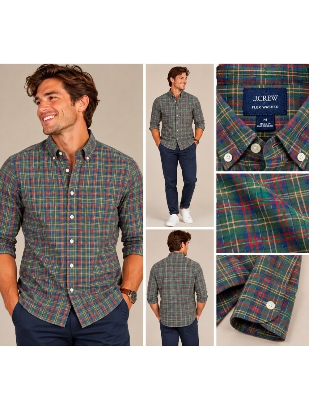 J.Crew Flex Washed Classic Fit Plaid Button Down Shirt Men’s M Green NWT
